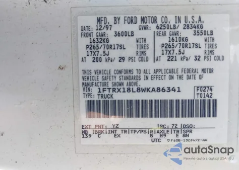 1998 Ford F-150 Lariat/Standard/Xl/Xlt из США, поврежденный, VIN 1FTRX18L8WKA86341